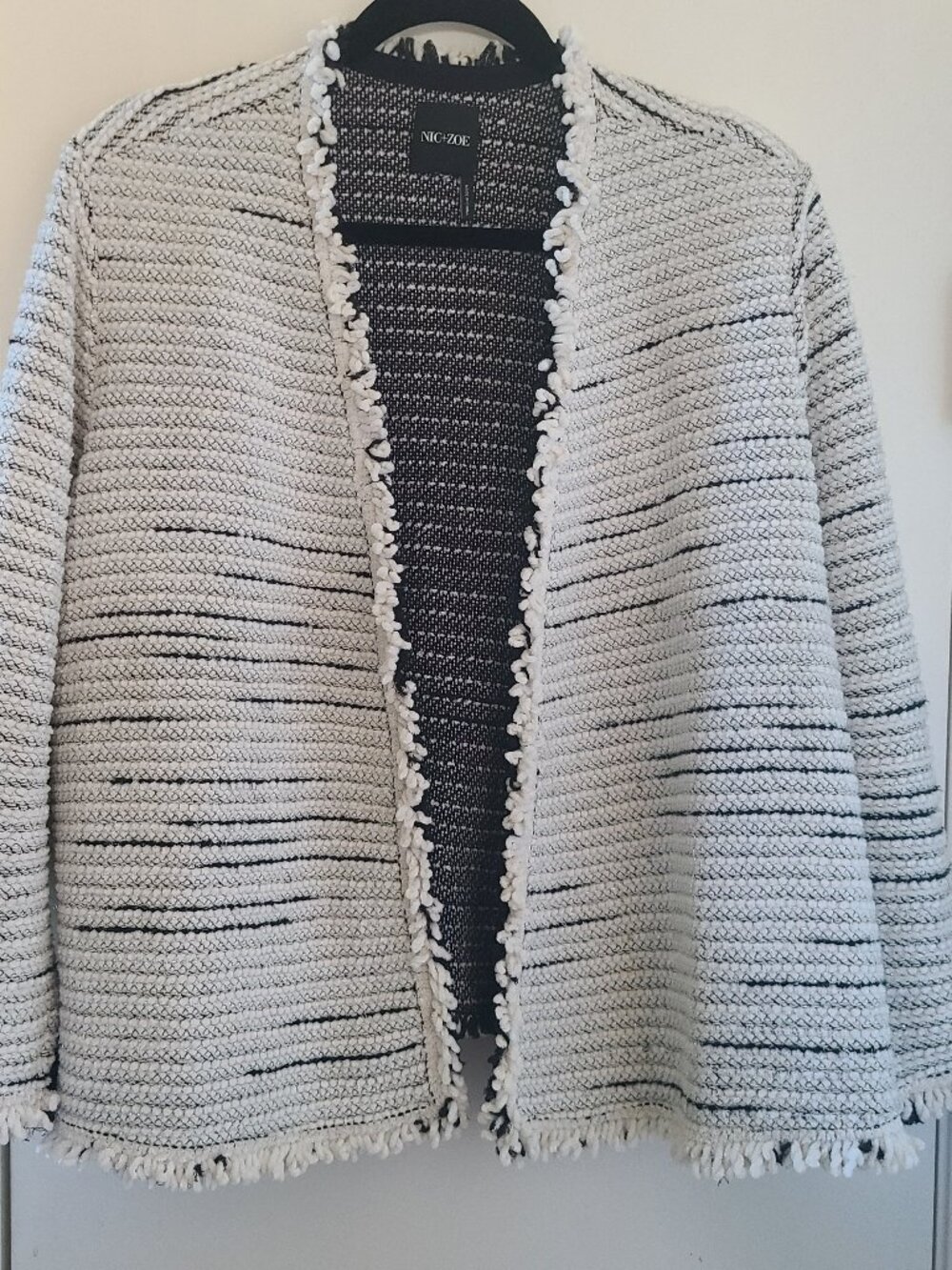 Nic+Zoe Plus 3X Fringe Tweed Blazer Jacket Classic Office White Black Metallic